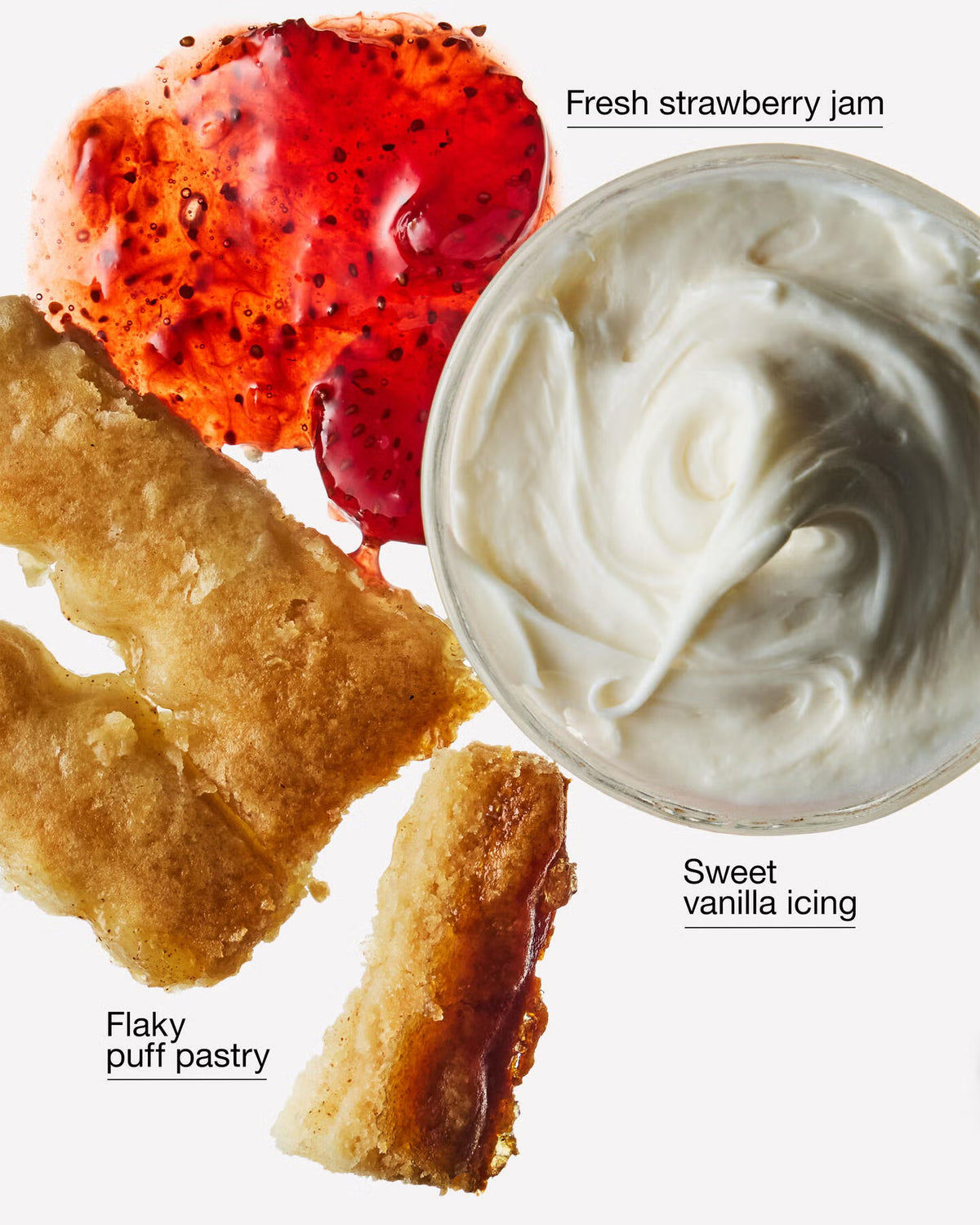 Three dessert components arranged on a white background: a bowl of white sweet vanilla icing, a dollop of red fresh strawberry jam, and several golden flaky puff pastry pieces, with text labels identifying each. Purchase from www.americanbodycare.co.uk