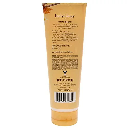 Bodycology Toasted Sugar body butter in a flexible squeeze tube, showing the back label with product details, ingredients, and barcode on a white background. www.americanbodycare.co.uk