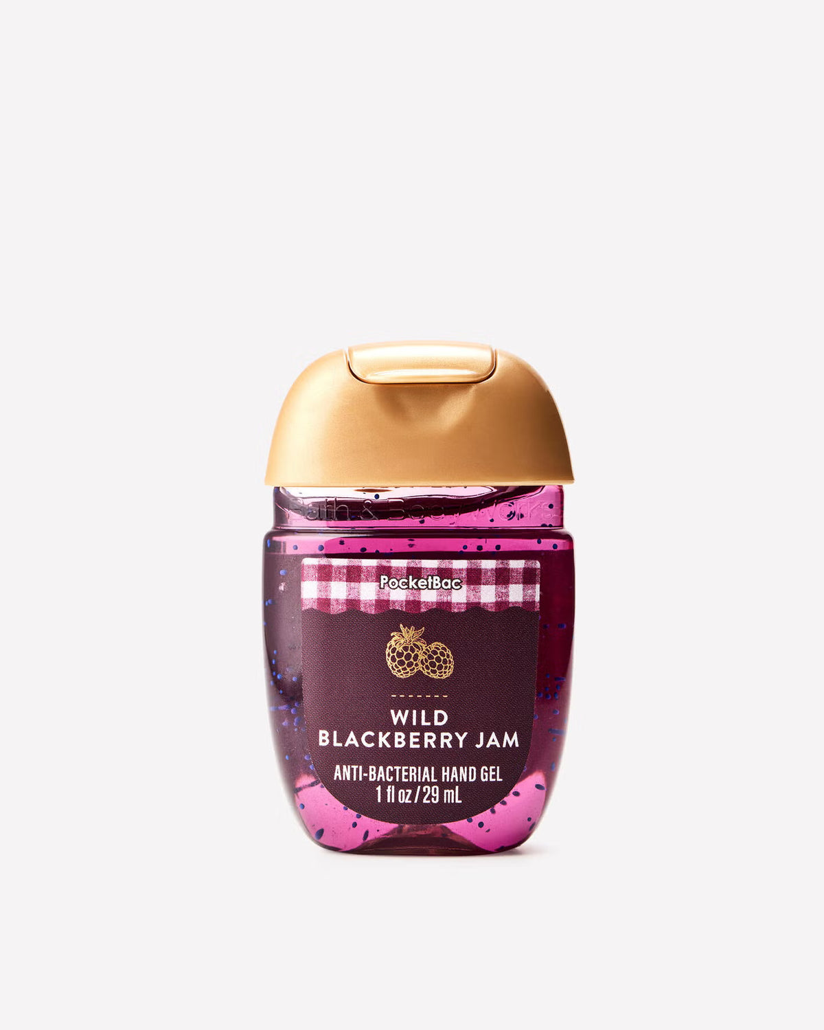 A bottle of Pocket the Goat Wild Blackberry Jam Anti-Bacterial Hand Gel, featuring a dark purple label with blackberry speckles, a white and pink gingham stripe, and a metallic gold cap, set against a plain light gray background. purchase from www.americanbodycare.co.uk