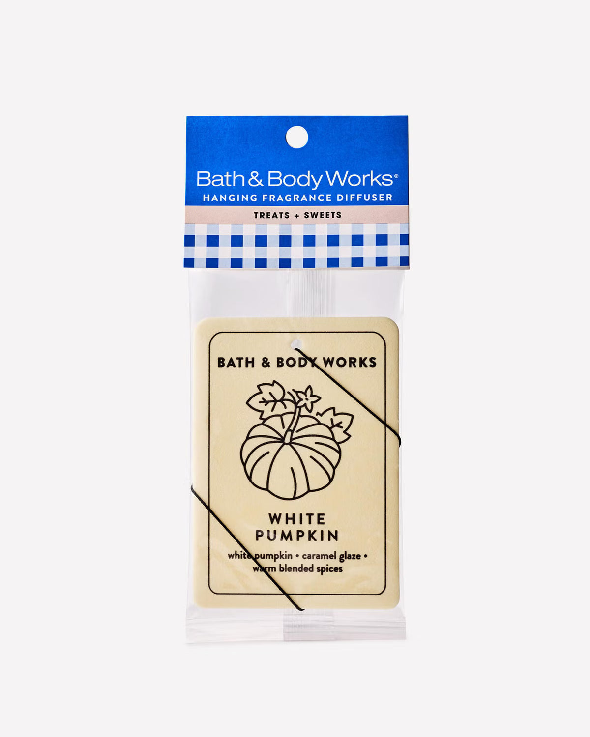 Bath & Body Works White Pumpkin hanging fragrance diffuser in clear plastic packaging with a blue header card. Purchase from www.americanbodycare.co.uk